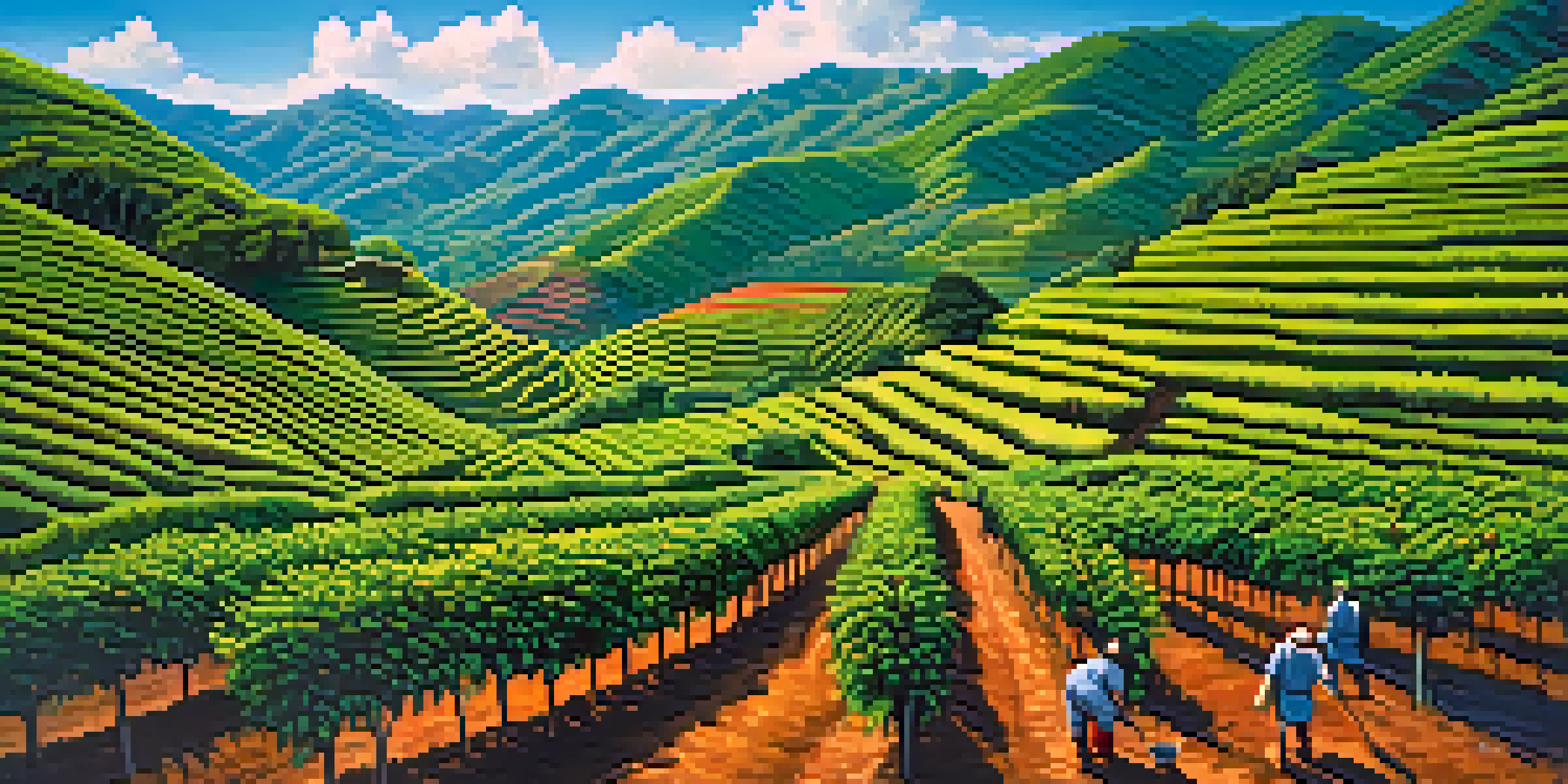 A picturesque coffee farm in Chanchamayo, Peru, featuring a farmer picking ripe coffee cherries among lush greenery and colorful flowers.