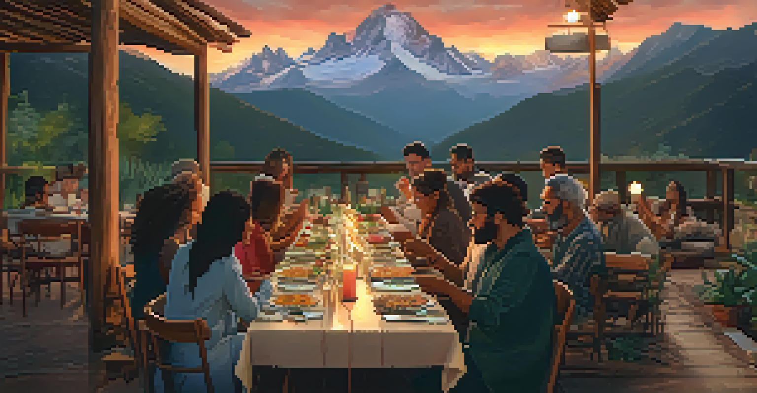 Guests enjoying a communal dining experience at an eco-lodge, with local dishes and a beautiful sunset backdrop.