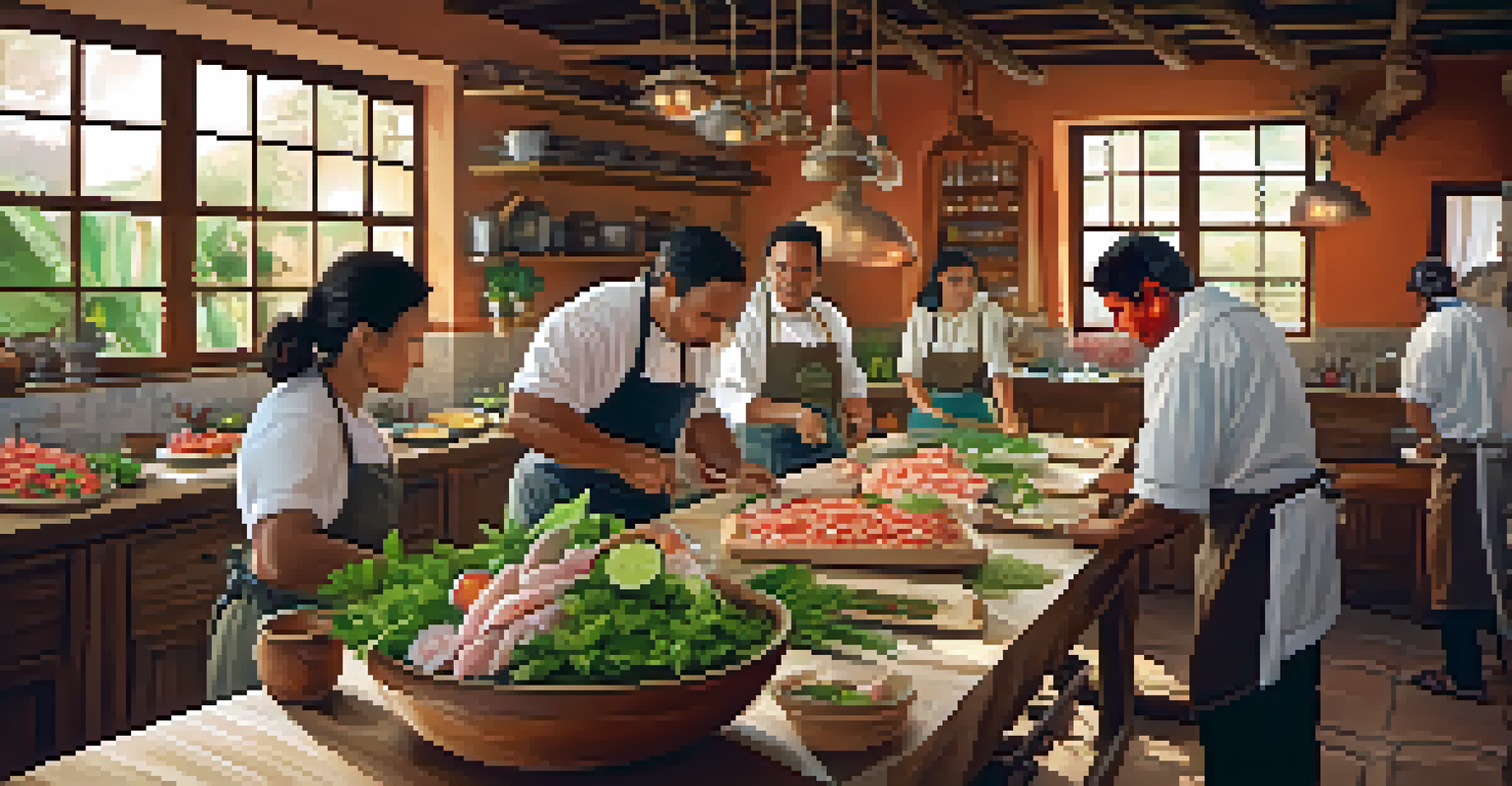 A local chef demonstrating how to make ceviche in a rustic kitchen, surrounded by fresh ingredients and tourists engaged in the cooking class.