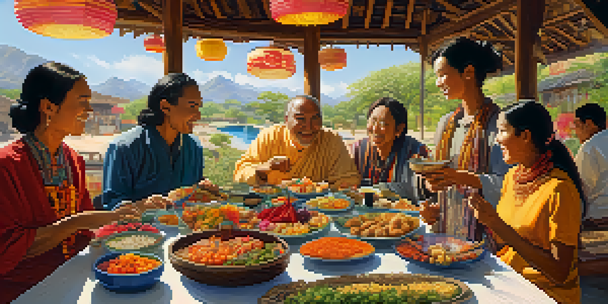 A diverse group of people sharing food and stories in a sunny garden, showcasing cultural exchange.