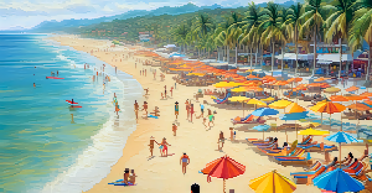 Aerial view of Máncora beach with surfers and beachgoers enjoying the sunny day.