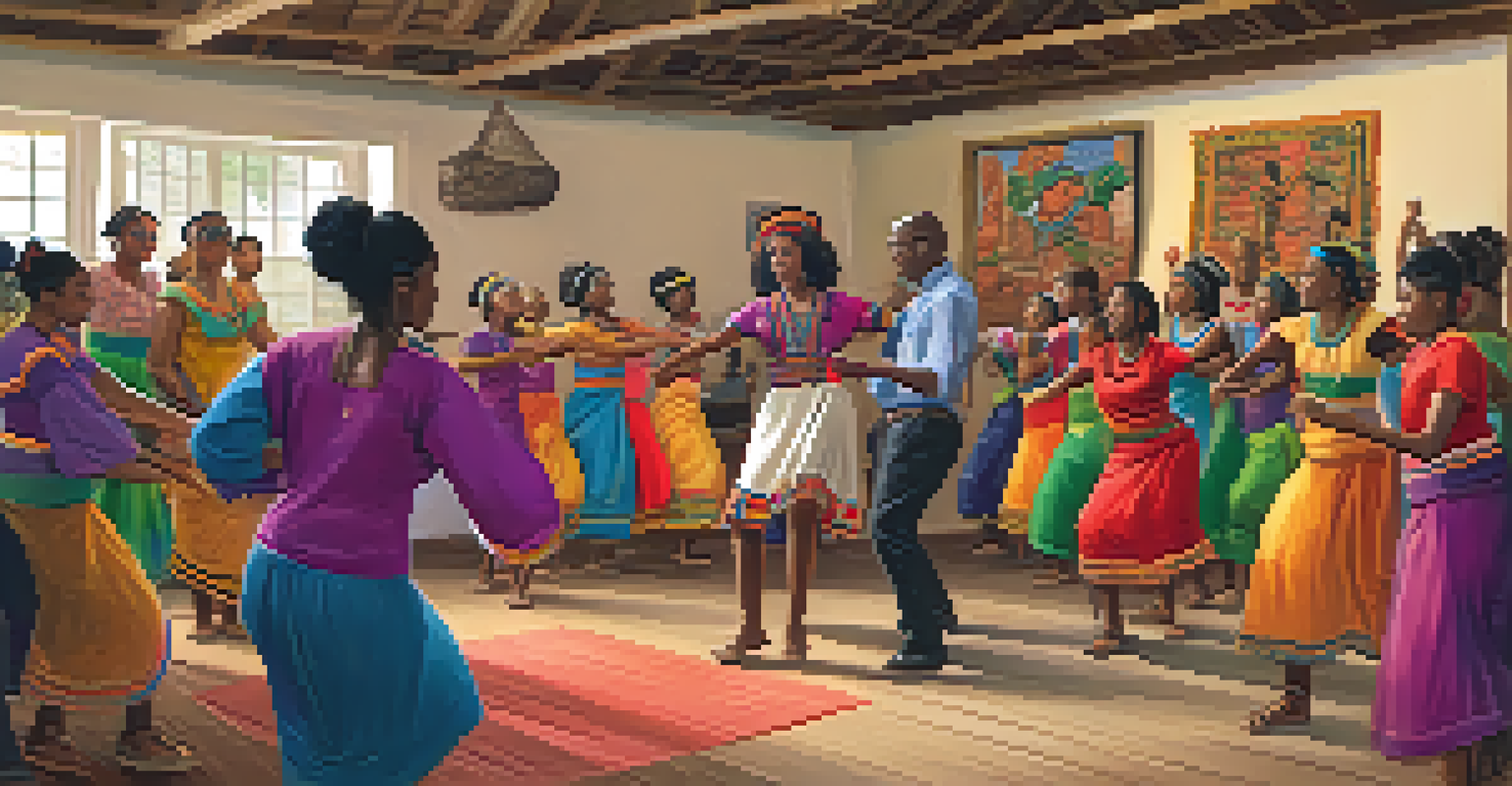 A dance workshop with a diverse group of participants learning Afro-Peruvian dance from an instructor in a colorful outfit, in a warmly lit room filled with cultural artifacts.
