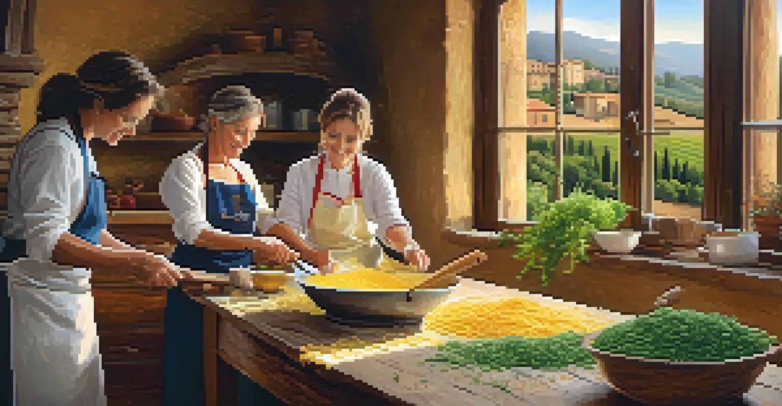 A cooking class in Tuscany with participants making homemade pasta, surrounded by colorful ingredients and warm evening light.