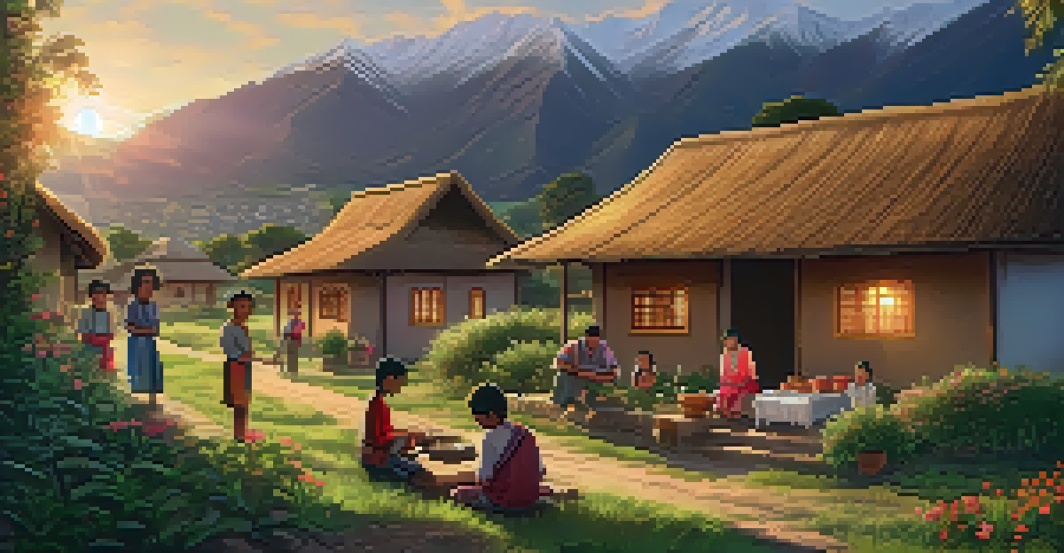 A community-led homestay in a traditional Peruvian village with families preparing a meal together at sunset.