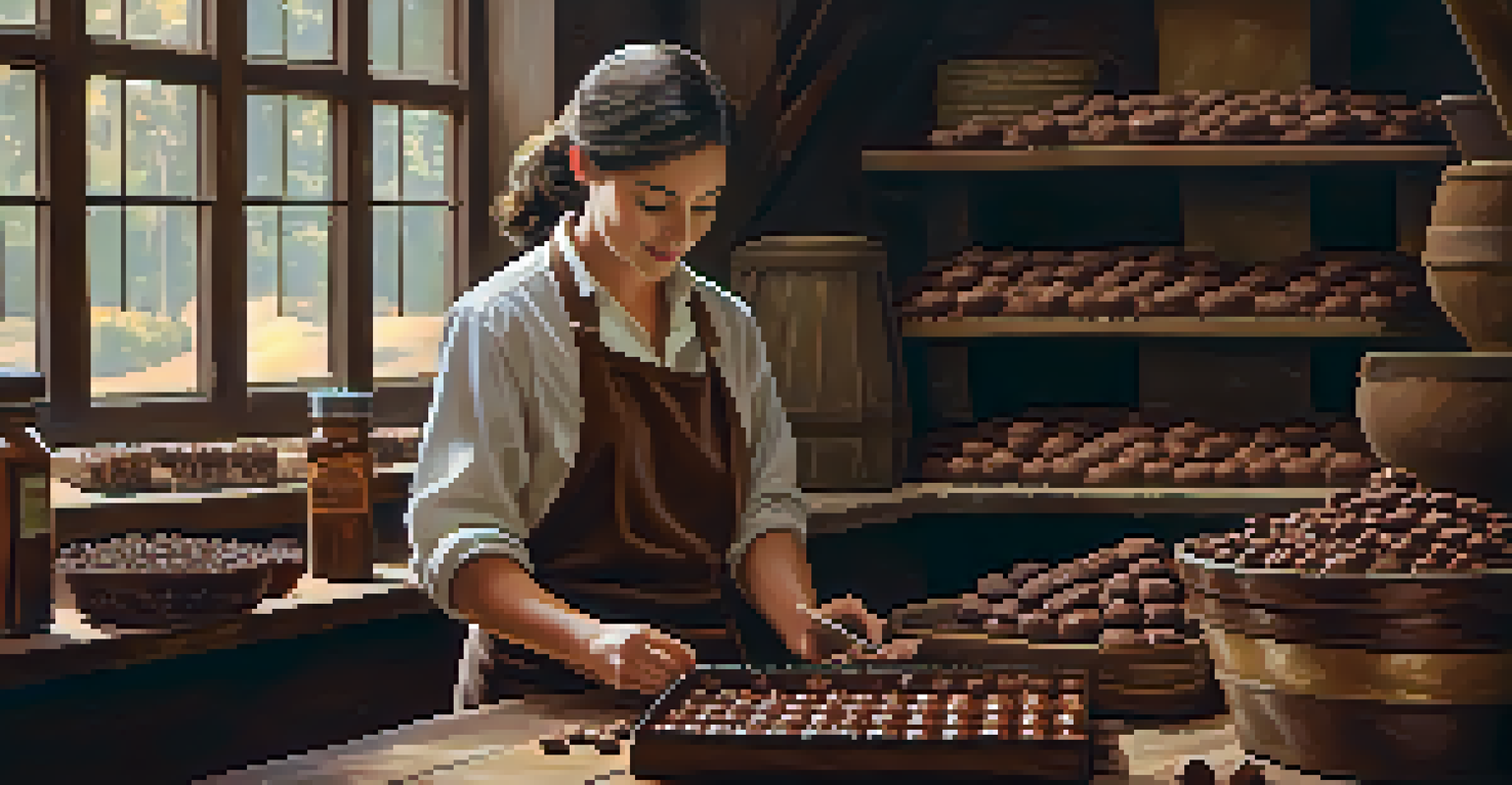 Artisan chocolatier making chocolate truffles in a rustic workshop.