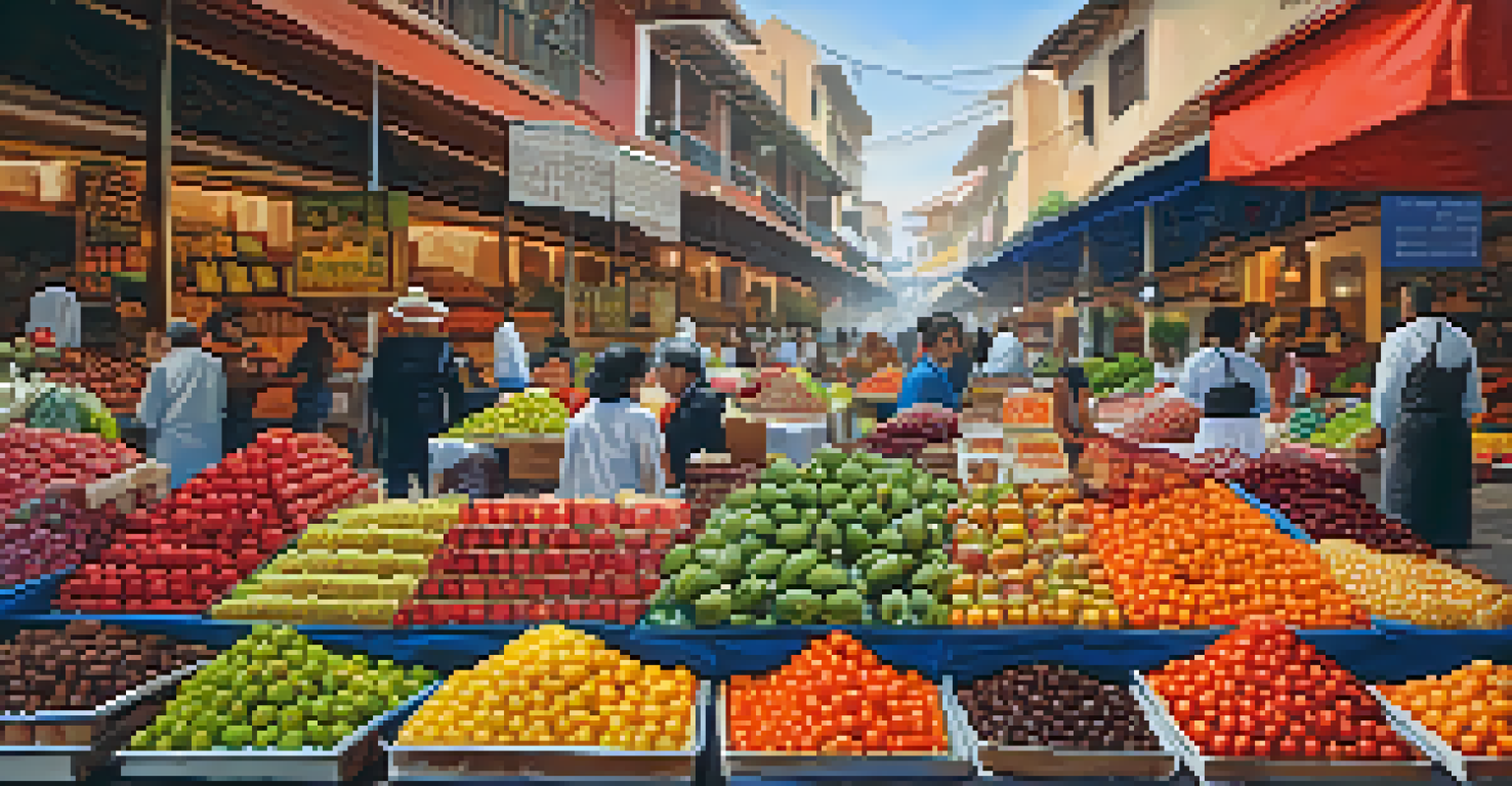 A vendor at Mercado de Surquillo presenting organic fruits and gourmet sauces, with a lively market backdrop.