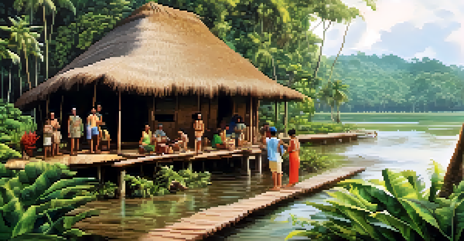 A welcoming scene of tourists engaging with an indigenous community in the Amazon, surrounded by lush greenery and traditional huts.