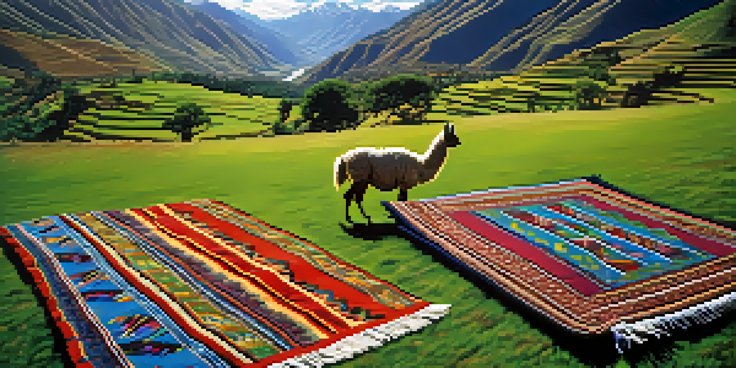A scenic view of the Sacred Valley with green valleys, Andes mountains, traditional textiles, and grazing llamas.
