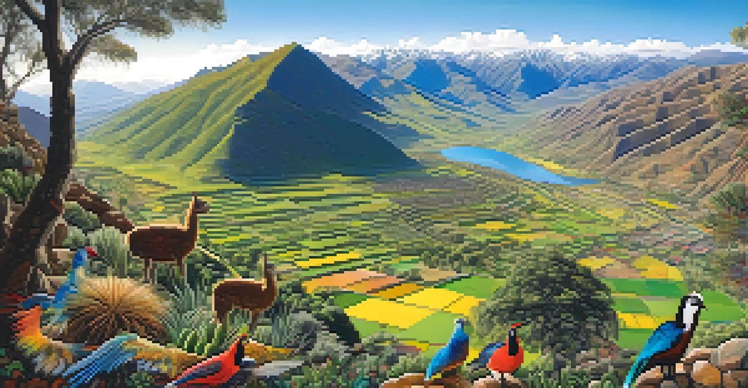 Aerial view of the Sacred Valley showcasing colorful birds and grazing llamas, surrounded by lush greenery and the intricate landscape patterns.