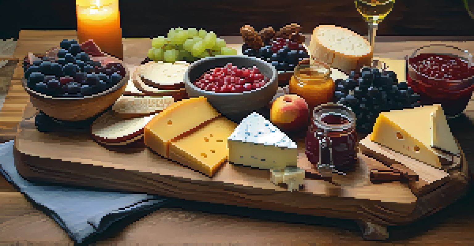 A charcuterie board with various artisanal jams, cheeses, and fresh fruits, illuminated by soft candlelight.