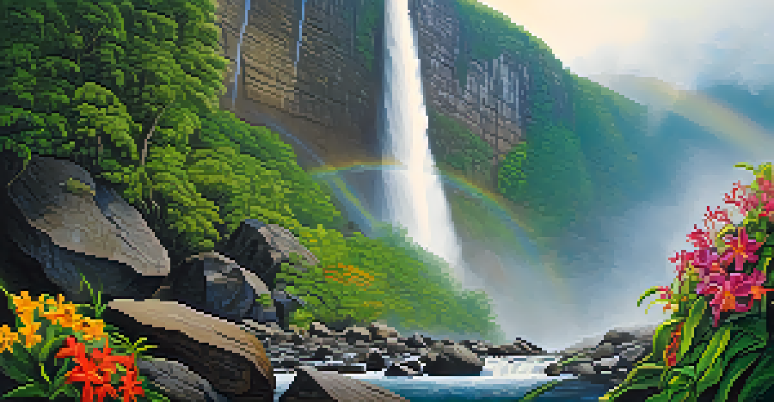 Gocta Waterfall cascading down with lush greenery and mist creating a rainbow effect.