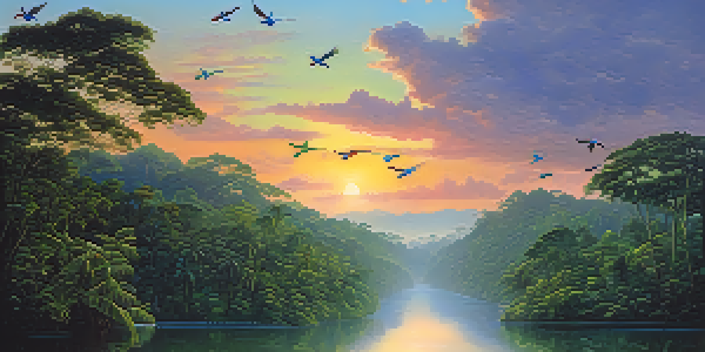 A scenic view of the Amazon rainforest at dusk, featuring a calm river and colorful macaws flying above.