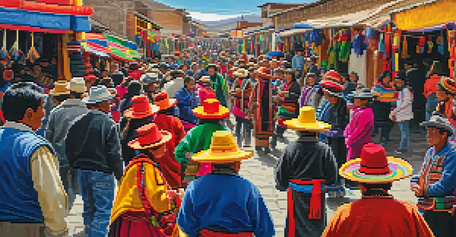 Vibrant market scene at the Fiesta de la Candelaria in Puno, Peru, with colorful crafts, textiles, and families in traditional attire celebrating.
