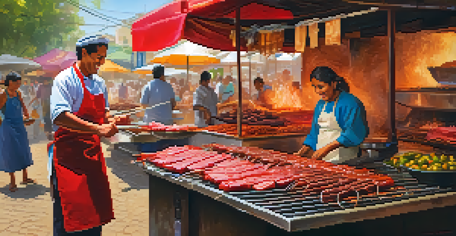 A vendor grilling anticuchos, skewered beef heart, at a Peruvian street market, with a colorful array of stalls in the background, highlighting the vibrant atmosphere.