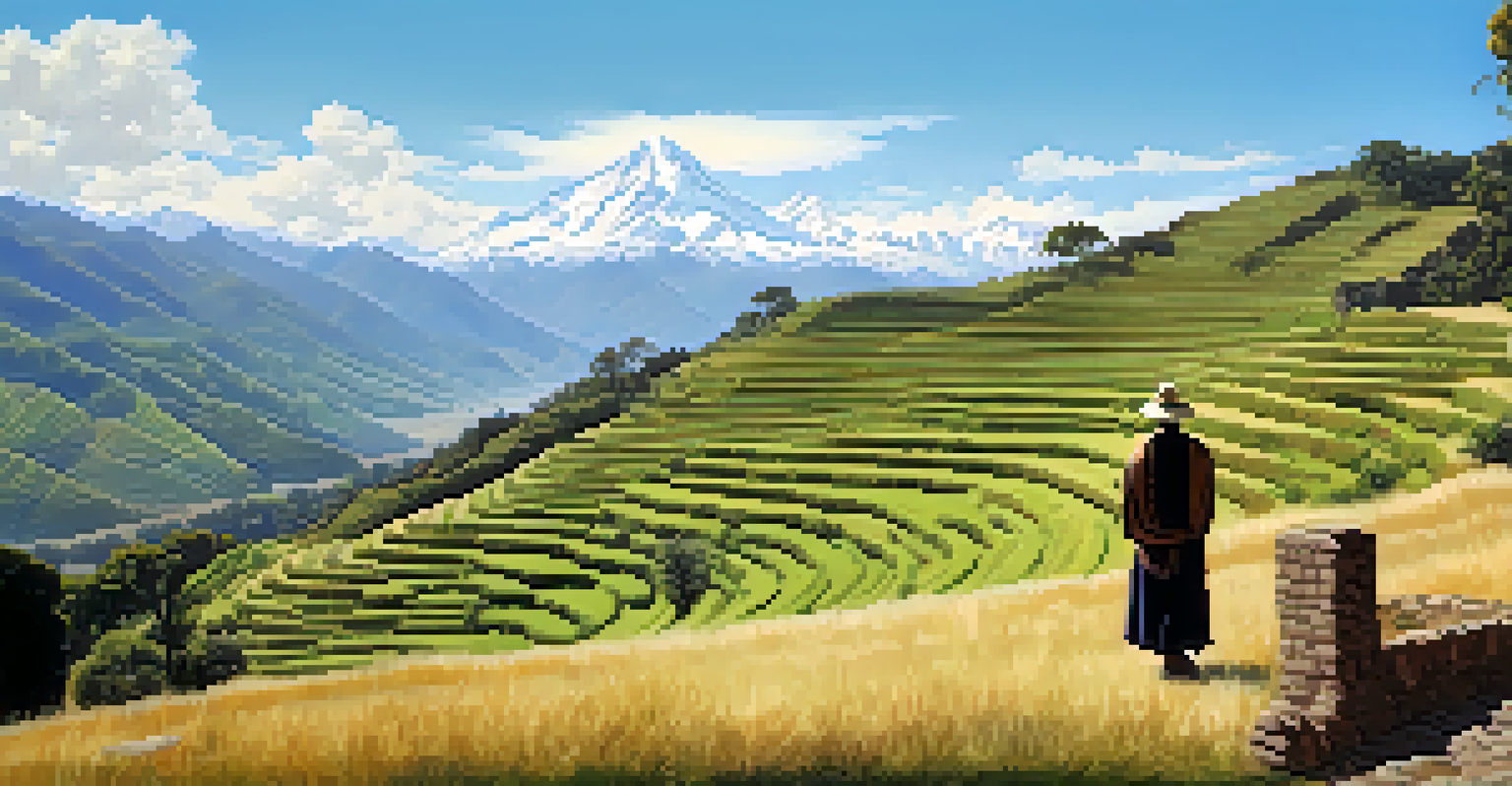 A visitor standing among the terraced fields of Tipón with the Andes mountains in the background.