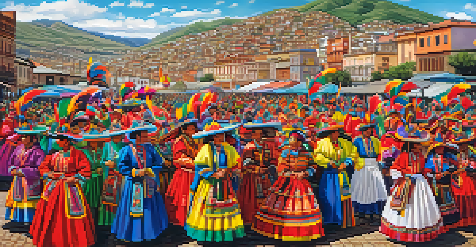 A colorful parade at Puno's Fiesta de la Candelaria, with locals in traditional attire and traditional dishes on display.
