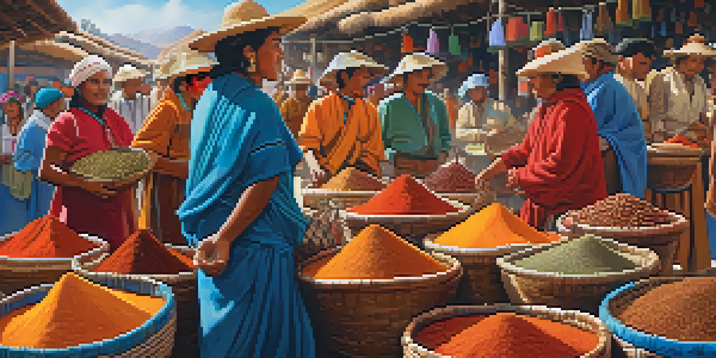 A bustling ancient Peruvian market with various spices displayed in baskets, traders in traditional clothing, and colorful textiles.