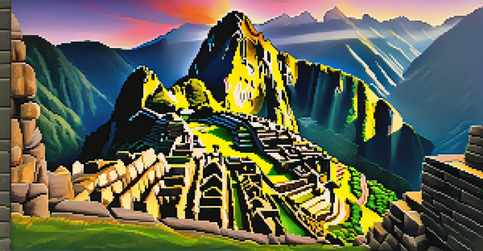 A panoramic view of Machu Picchu at sunrise, showcasing ancient ruins surrounded by lush green terraces and misty mountains under a colorful sky.