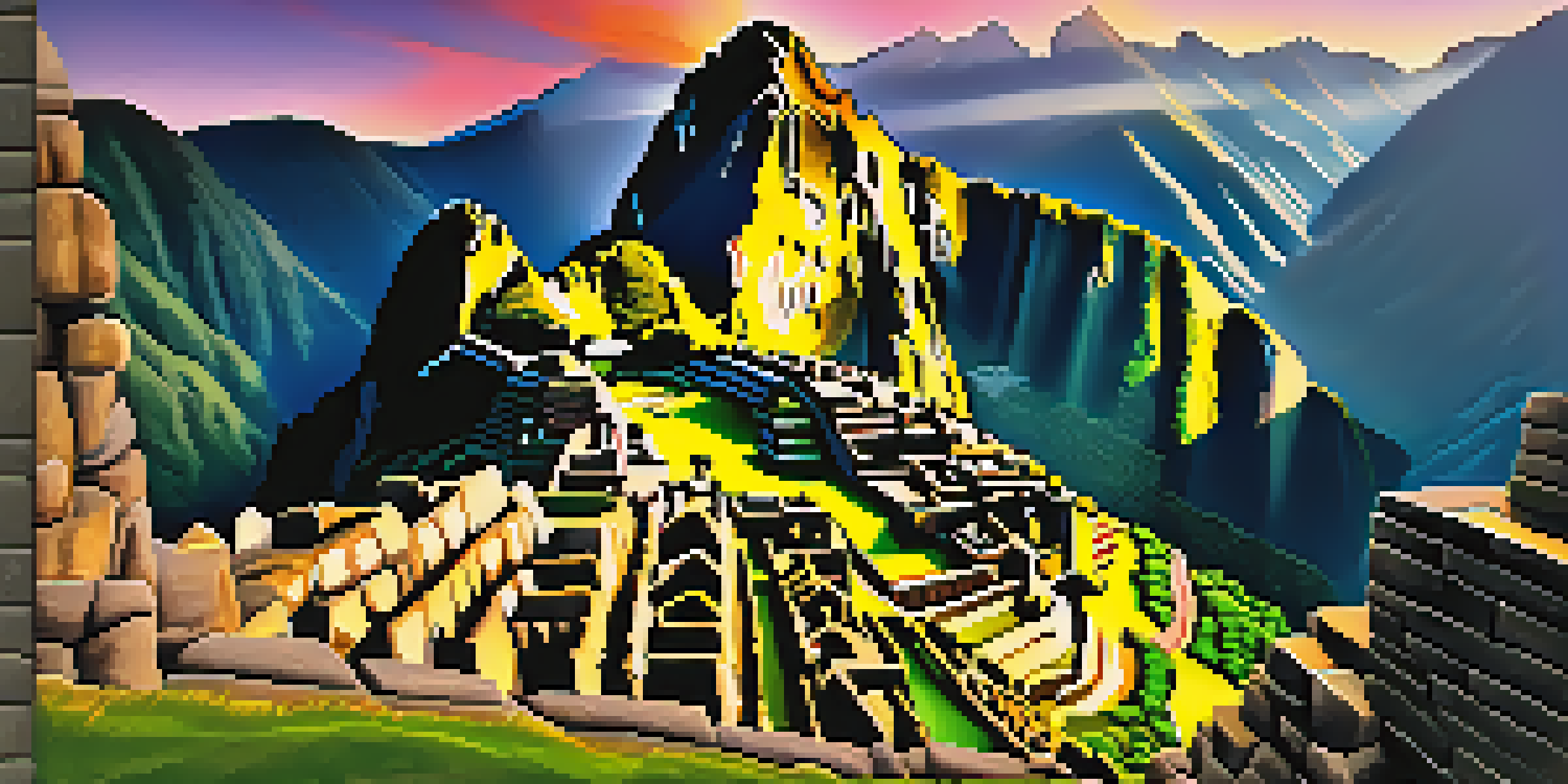 A panoramic view of Machu Picchu at sunrise, showcasing ancient ruins surrounded by lush green terraces and misty mountains under a colorful sky.