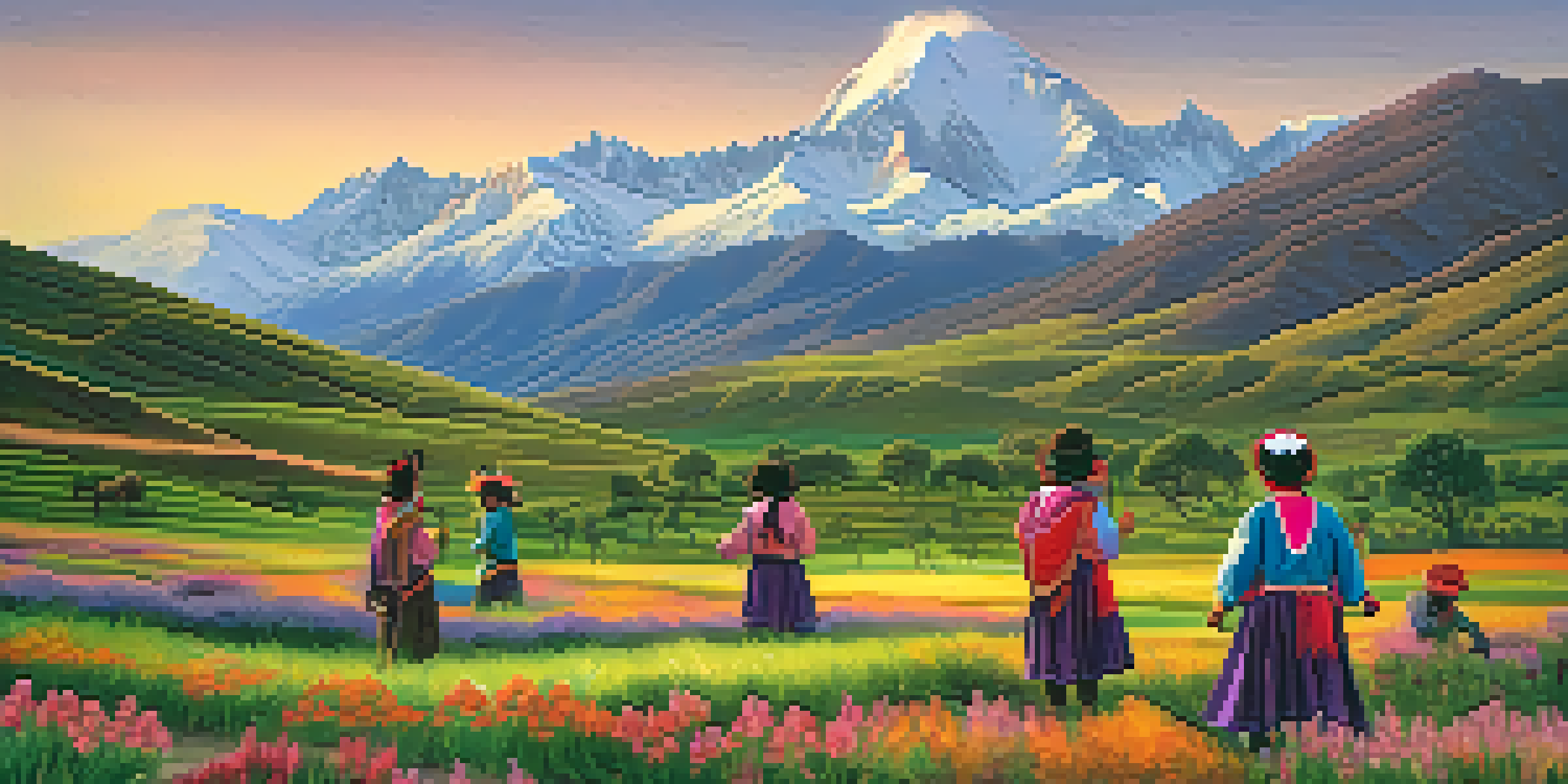 A scenic view of the Andes at sunrise with children in traditional attire playing in a vibrant landscape filled with flowers.