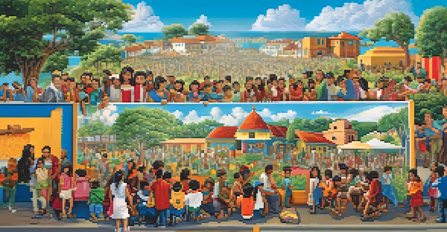 A community art project where local artists and children are collaboratively painting a large mural depicting Peruvian folklore in an outdoor setting.