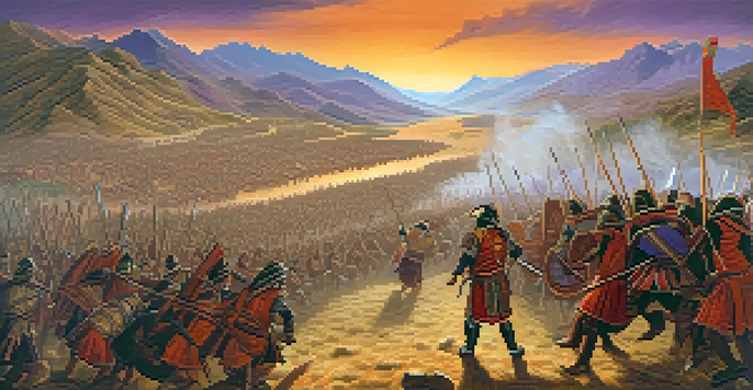 Manco Inca leading indigenous warriors during the siege of Cusco, with a dramatic sunset in the background.