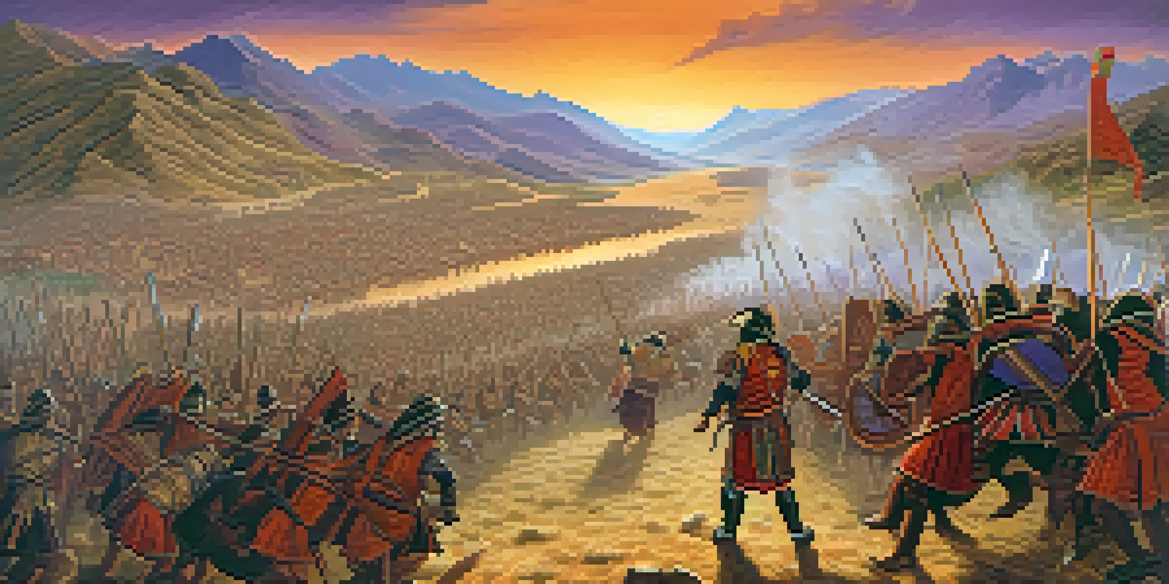 Manco Inca leading indigenous warriors during the siege of Cusco, with a dramatic sunset in the background.