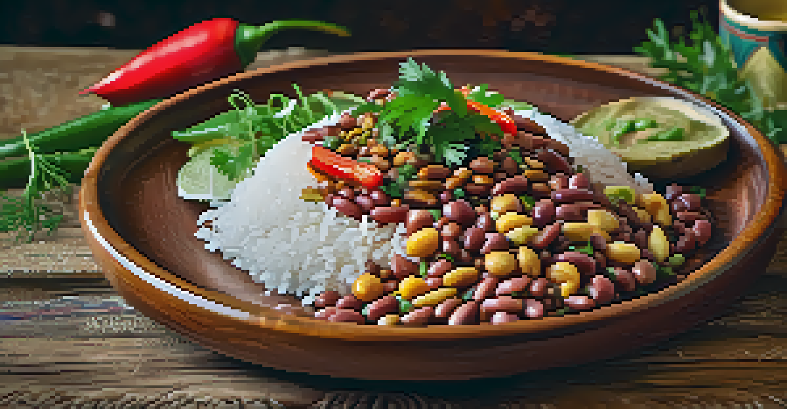 A close-up view of a plate of tacu tacu with rice, beans, and fresh herbs, set against a backdrop of spices and ingredients.