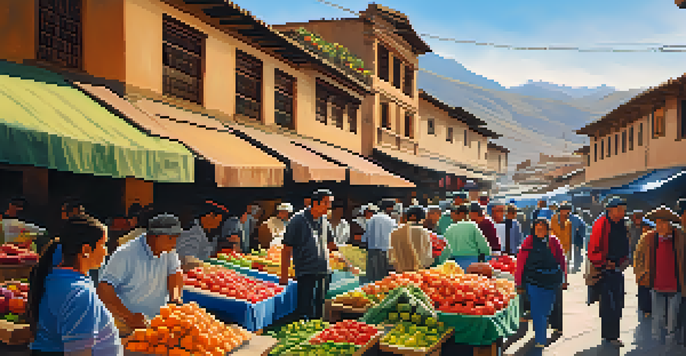A lively market scene with colorful stalls filled with fruits and vegetables, and friendly vendors interacting with customers.