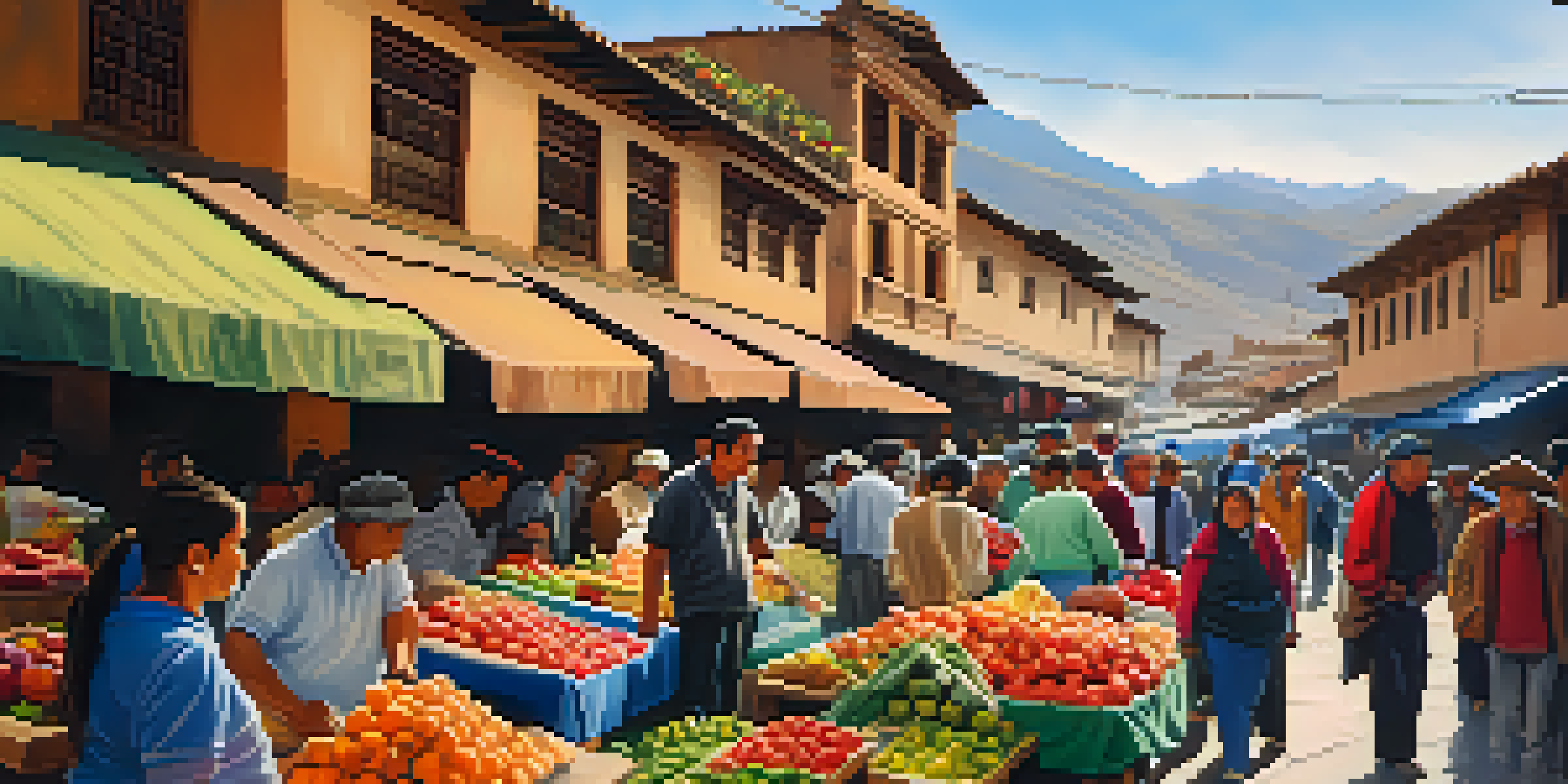 A lively market scene with colorful stalls filled with fruits and vegetables, and friendly vendors interacting with customers.