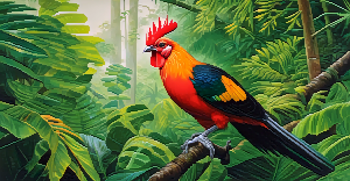 A bright orange Andean Cock-of-the-rock bird sitting on a branch in a green rainforest, with sunlight filtering through the leaves.