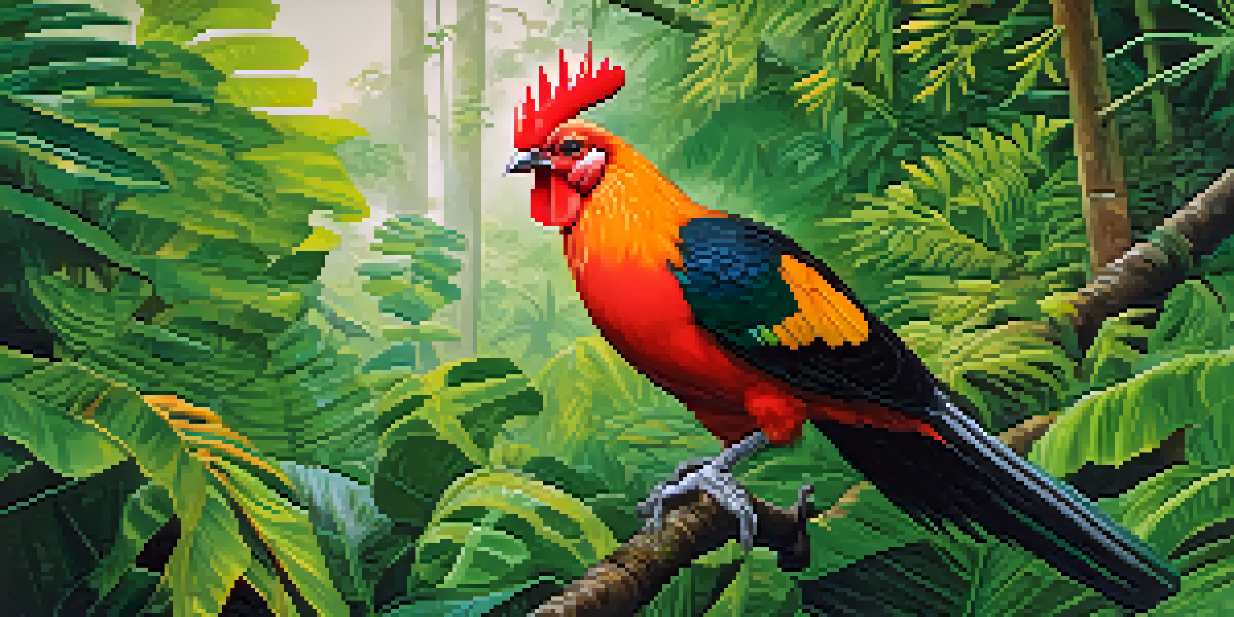 A bright orange Andean Cock-of-the-rock bird sitting on a branch in a green rainforest, with sunlight filtering through the leaves.