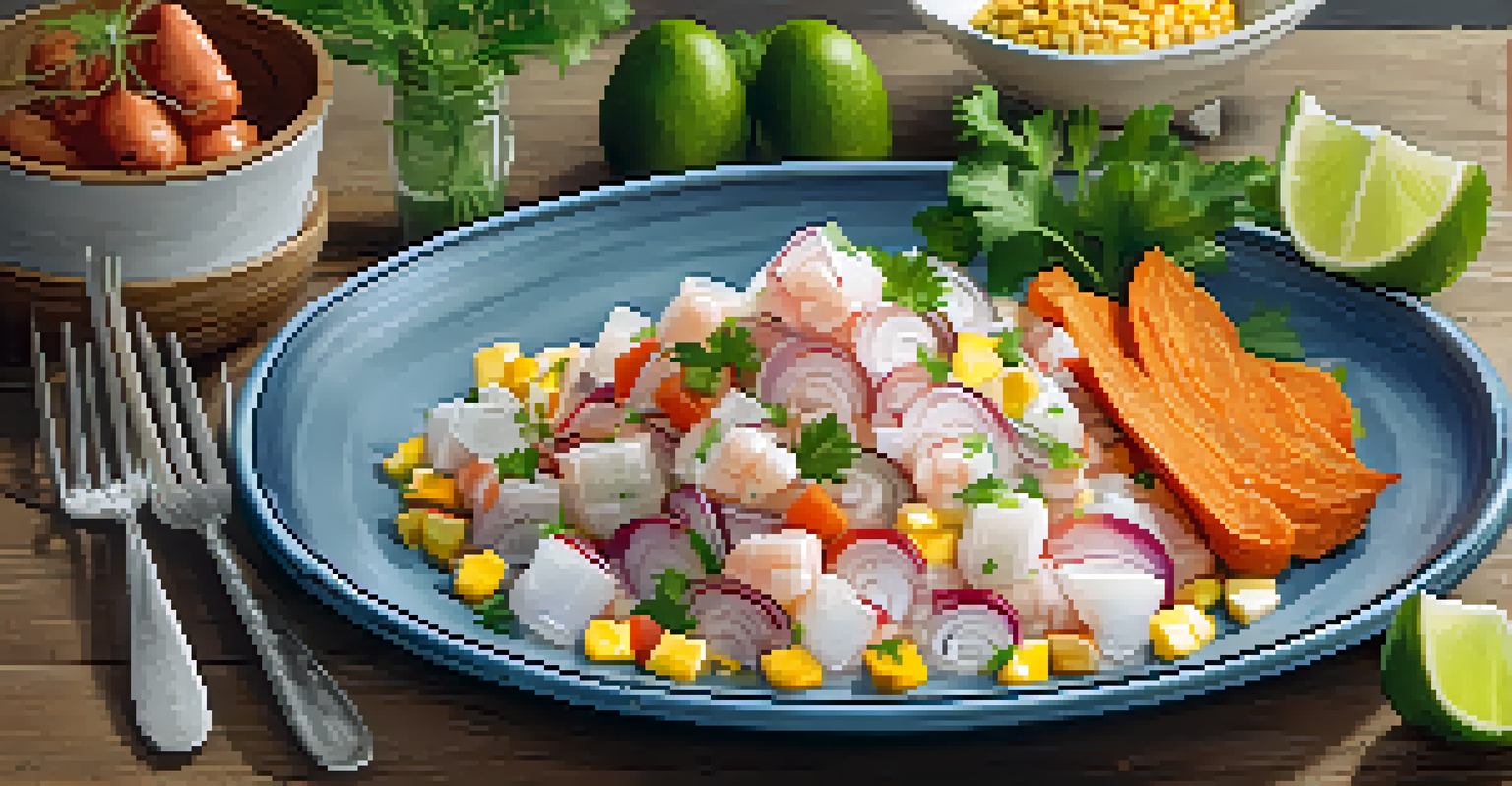 A beautifully arranged plate of ceviche with raw fish, sweet potatoes, and corn on a rustic wooden table.