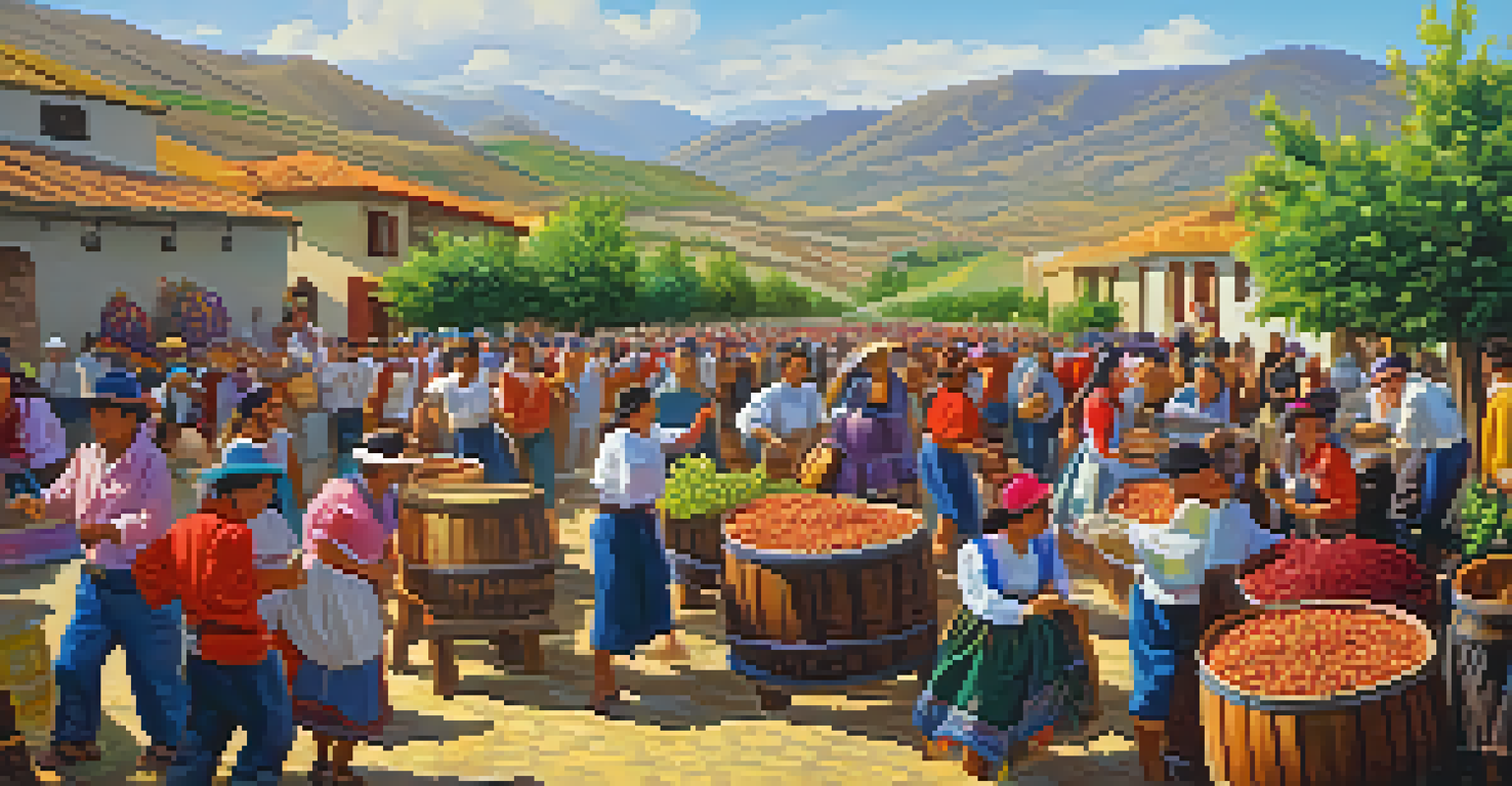 A festive grape harvest celebration with locals stomping grapes and enjoying wine, surrounded by colorful decorations.