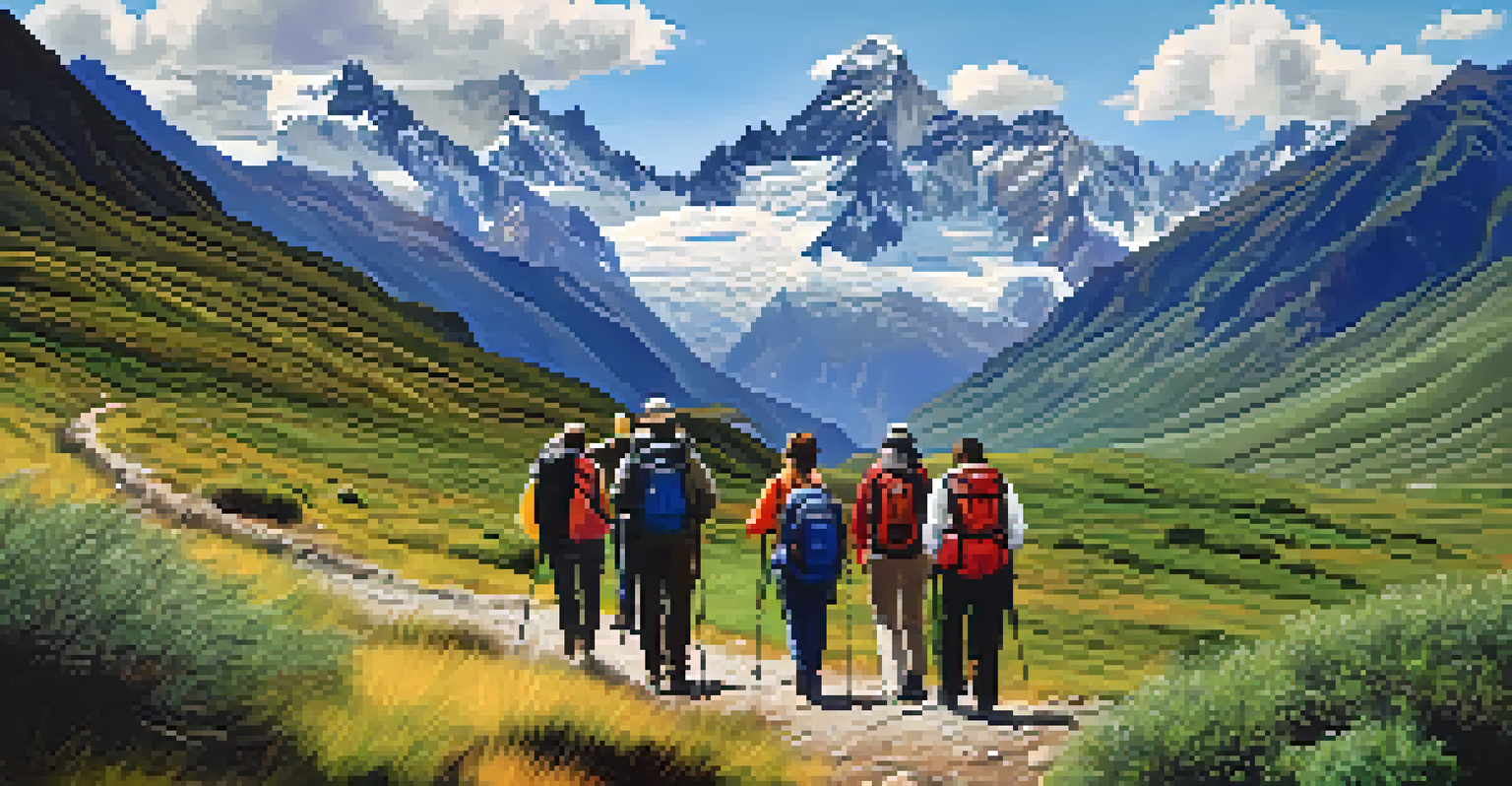 A tour operator guiding eco-conscious tourists along a scenic trail in the Andes mountains, surrounded by stunning natural beauty.
