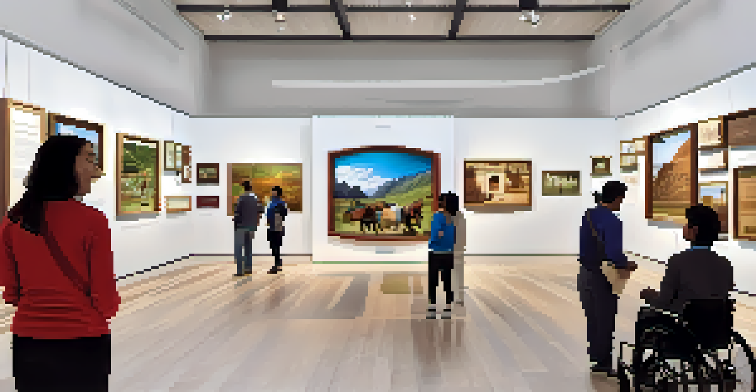 A welcoming interior of a heritage museum in Peru, featuring tactile exhibits and audio descriptions, with diverse visitors engaging in an inclusive environment.
