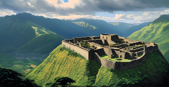 A panoramic view of the ancient Kuelap fortress in the Andes mountains, surrounded by green valleys and misty clouds, with sunlight filtering through the clouds.