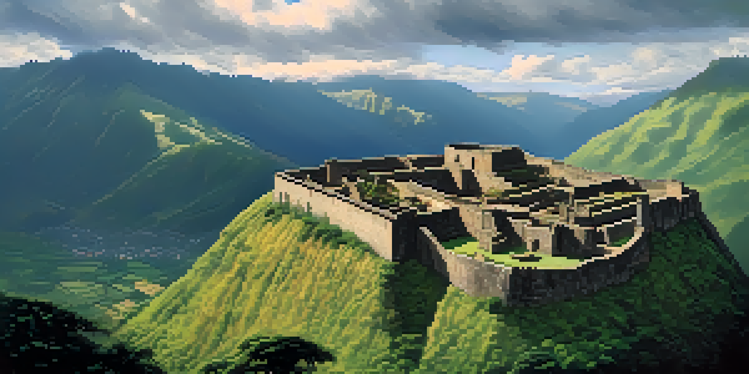 A panoramic view of the ancient Kuelap fortress in the Andes mountains, surrounded by green valleys and misty clouds, with sunlight filtering through the clouds.