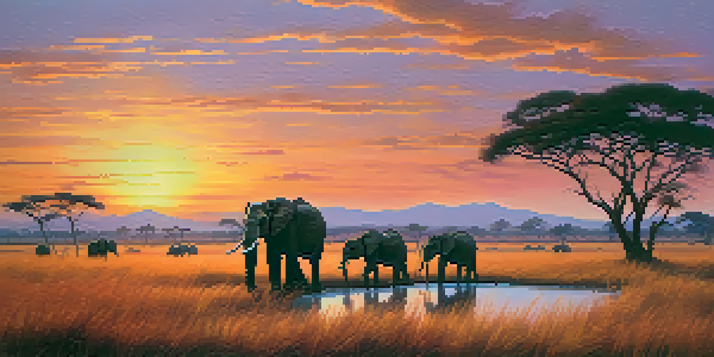 A herd of elephants grazing at sunset, with a colorful sky and tranquil waterhole nearby.