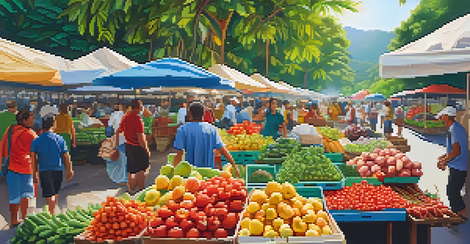 A lively outdoor market in Costa Rica with local farmers selling fresh produce and handmade crafts, filled with tourists and locals, surrounded by lush greenery.