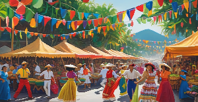 A lively street festival scene with people in traditional costumes dancing, surrounded by colorful decorations and stalls selling food in a lush green environment.