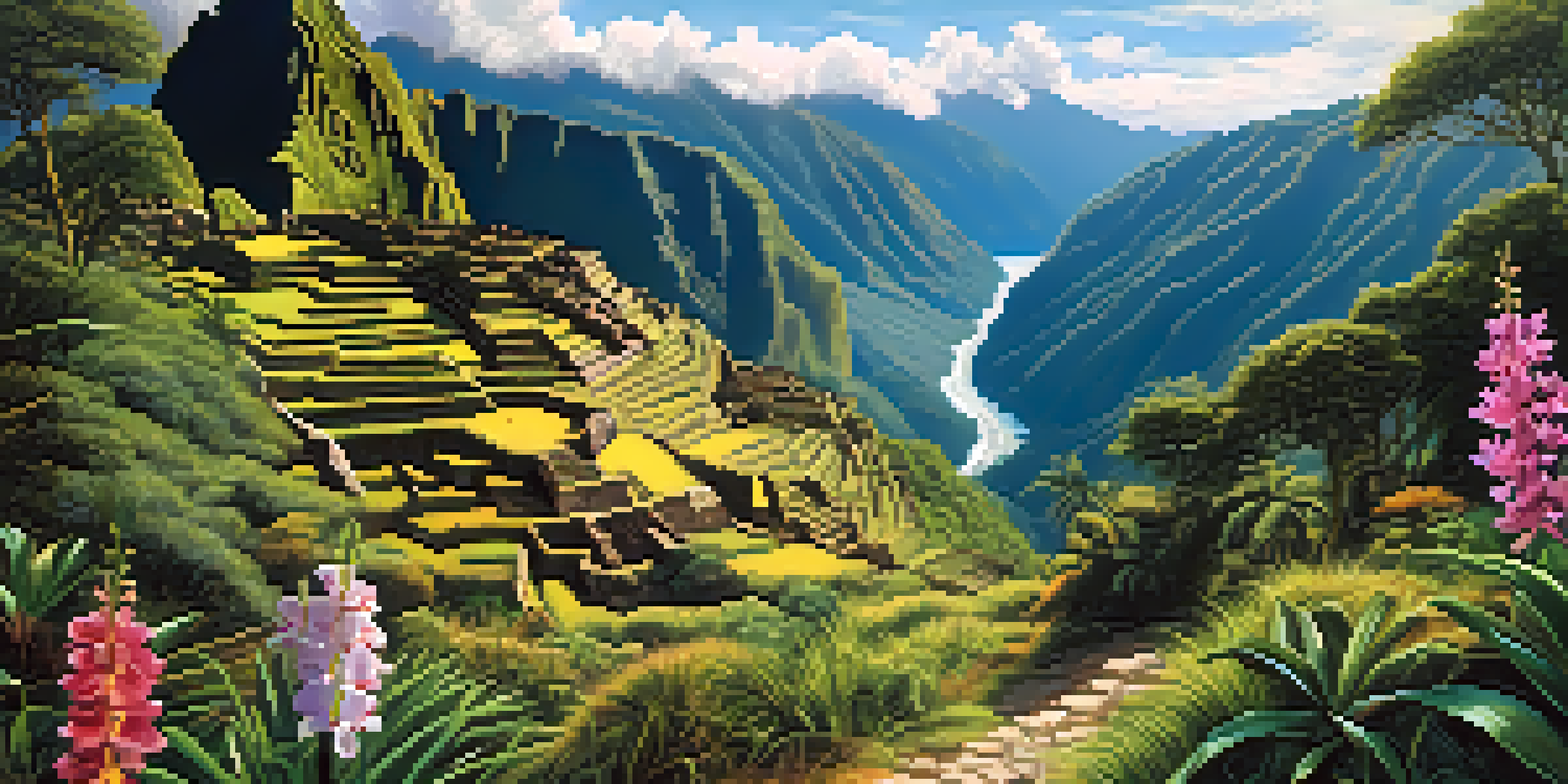 A scenic view of the Inca Trail surrounded by lush green cloud forests and blooming orchids, with mountain peaks in the background.