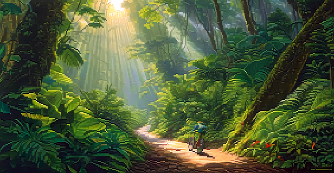 An adventure racer trekking through the dense jungles of the Peruvian Amazon, surrounded by tall trees and colorful birds.