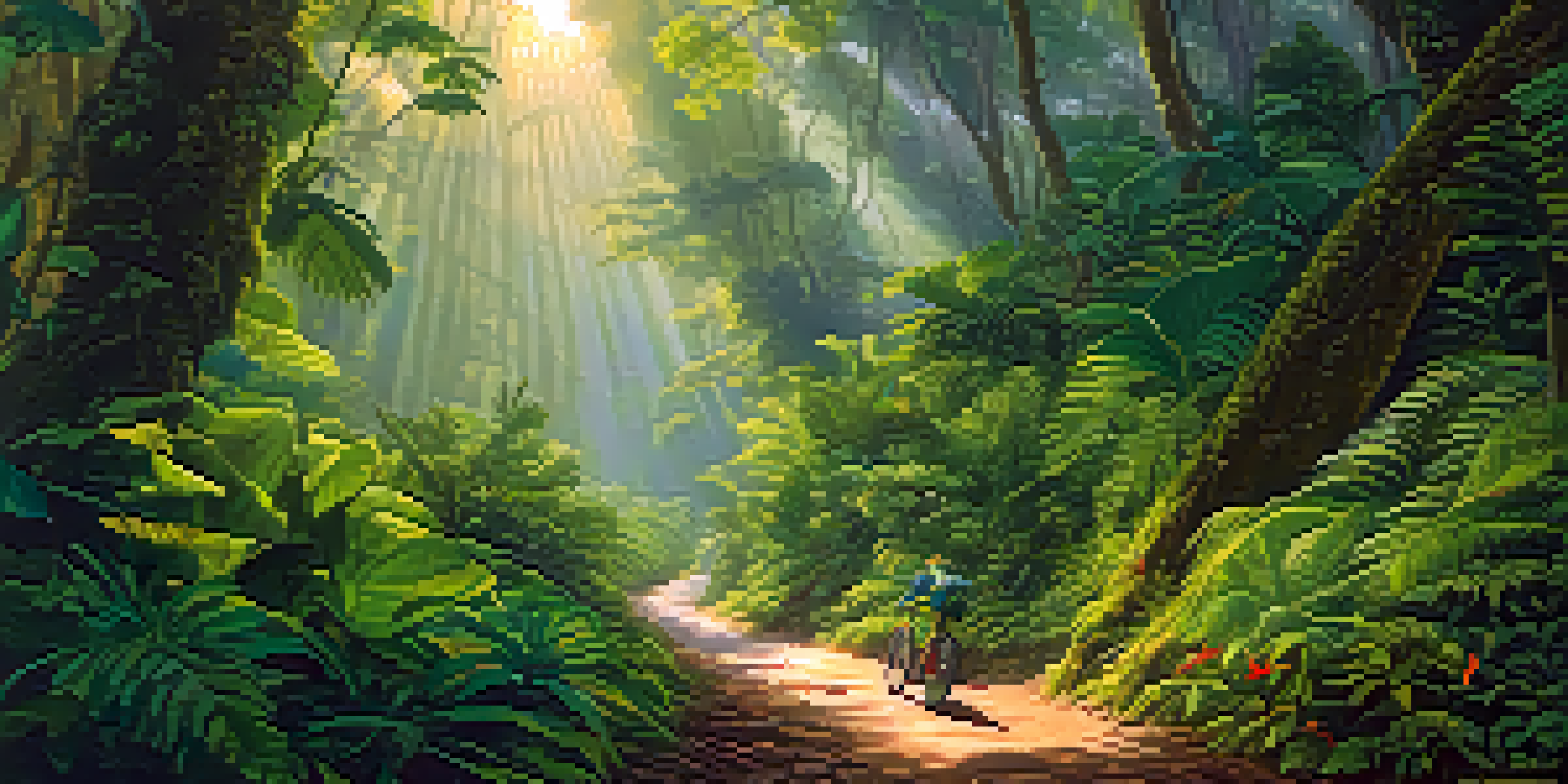 An adventure racer trekking through the dense jungles of the Peruvian Amazon, surrounded by tall trees and colorful birds.