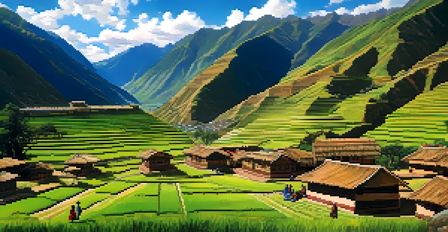 The Sacred Valley with rolling hills, an eco-lodge, and a local artisan demonstrating crafts to travelers.