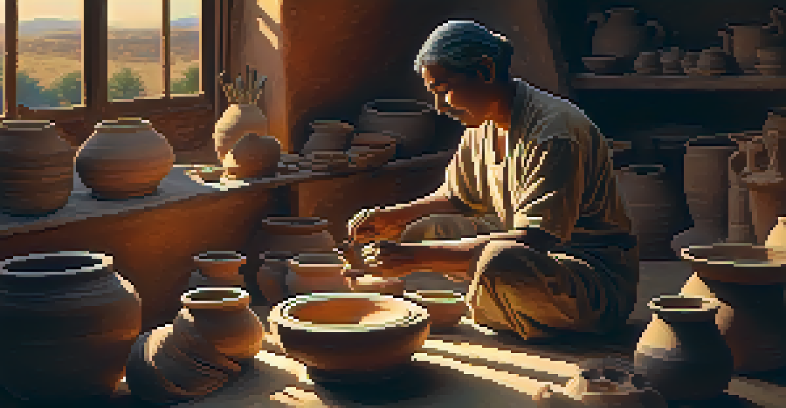 An artisan working with clay to create pottery, illuminated by warm sunset light, showcasing traditional craftsmanship.