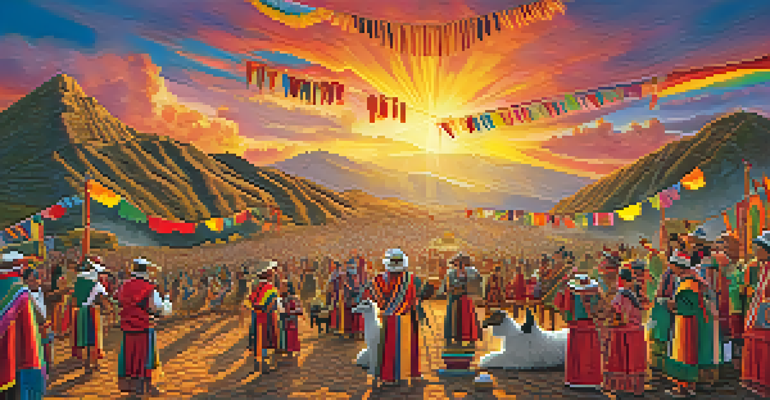 An Inca festival scene with people in traditional clothing celebrating with offerings and colorful decorations at sunset.