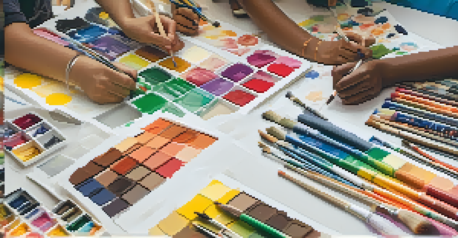 Hands from various ethnic backgrounds collaborating on an art project, symbolizing unity and cultural exchange.