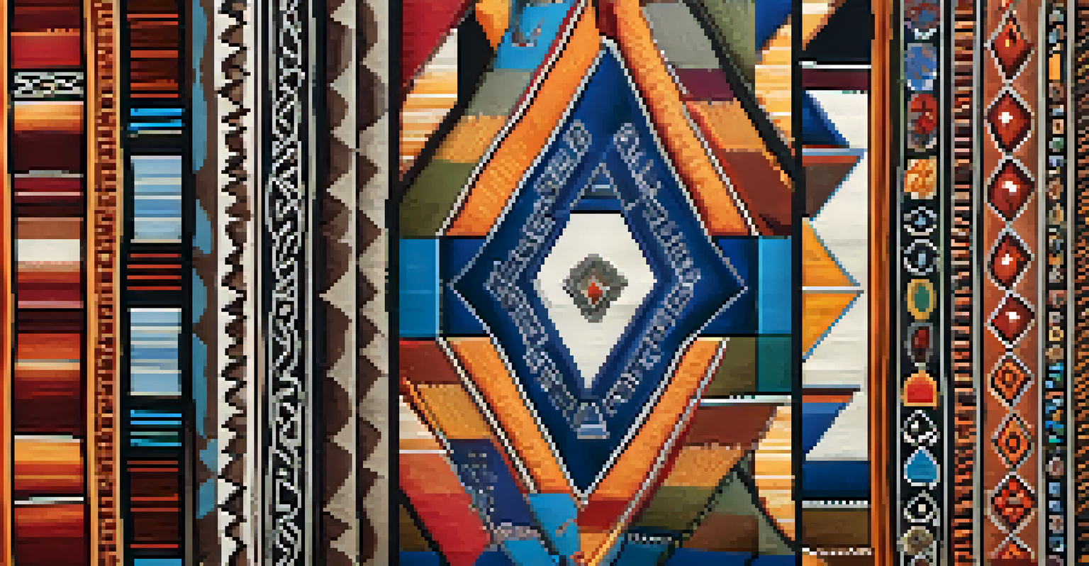 A mosaic of traditional Peruvian textile patterns featuring cultural symbols and vibrant colors on a textured fabric-like background.