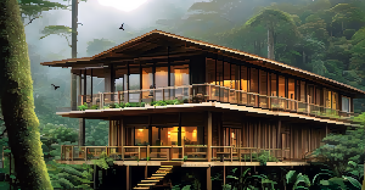 A sustainable eco-lodge in a Peruvian cloud forest, surrounded by trees and mist, showcasing large windows and a wooden deck.